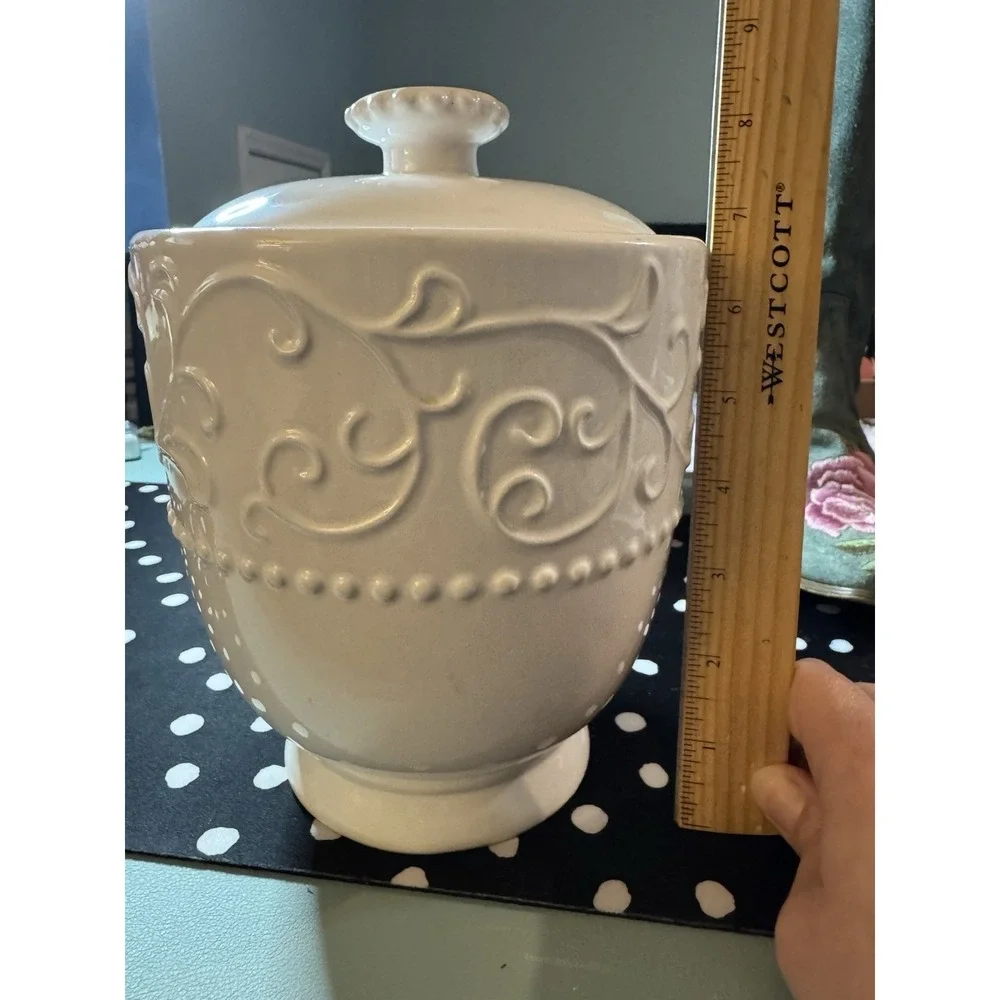 American Atelier Bianca Scroll White Large Ceramic Cannister With Lid